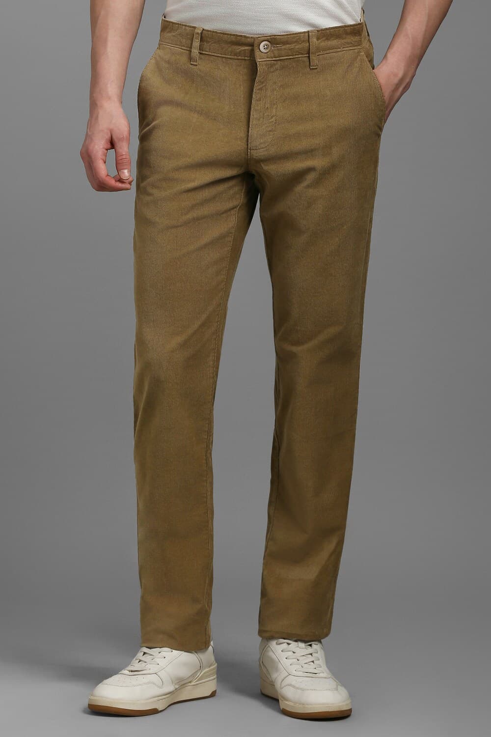 Men Brown Slim Tapered Fit Textured Flat Front Casual Trousers | Louisphilippe