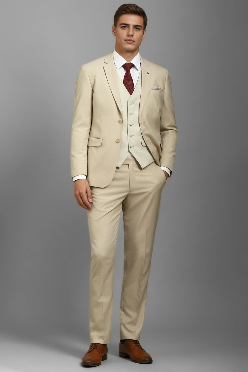 Men Beige Slim Fit Textured Formal Three Piece Suit | Louisphilippe