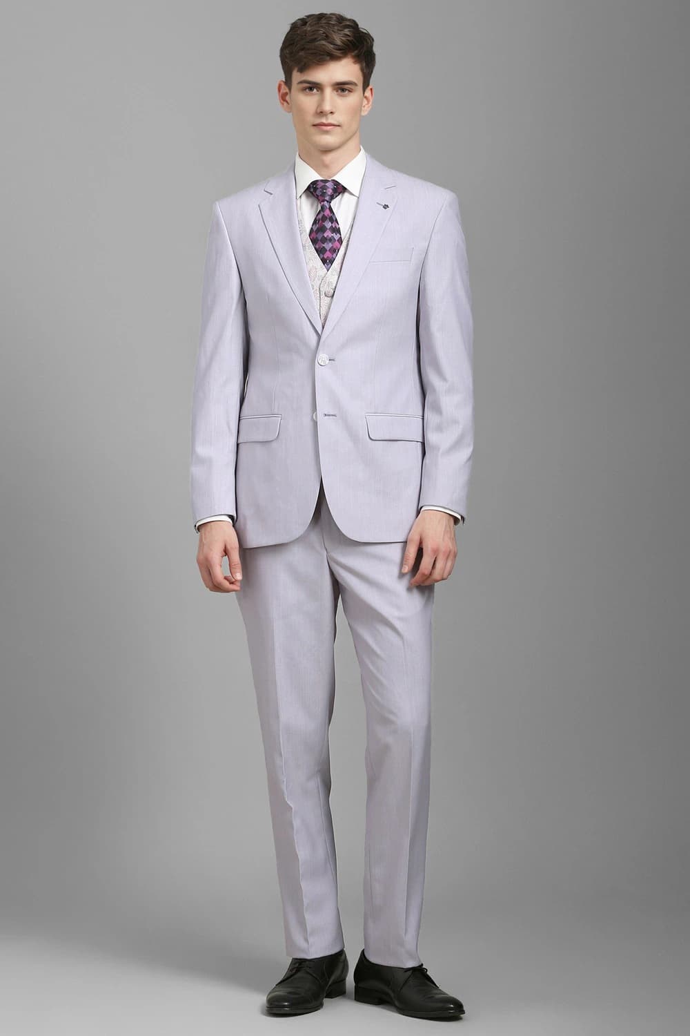 Men Grey Regular Fit Solid Formal Three Piece Suit | Louisphilippe