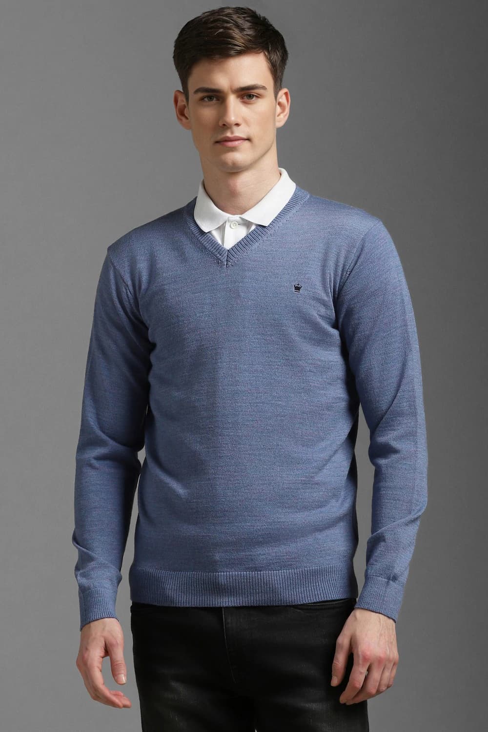 Men Blue Textured V Neck Full Sleeves Sweater | Louisphilippe