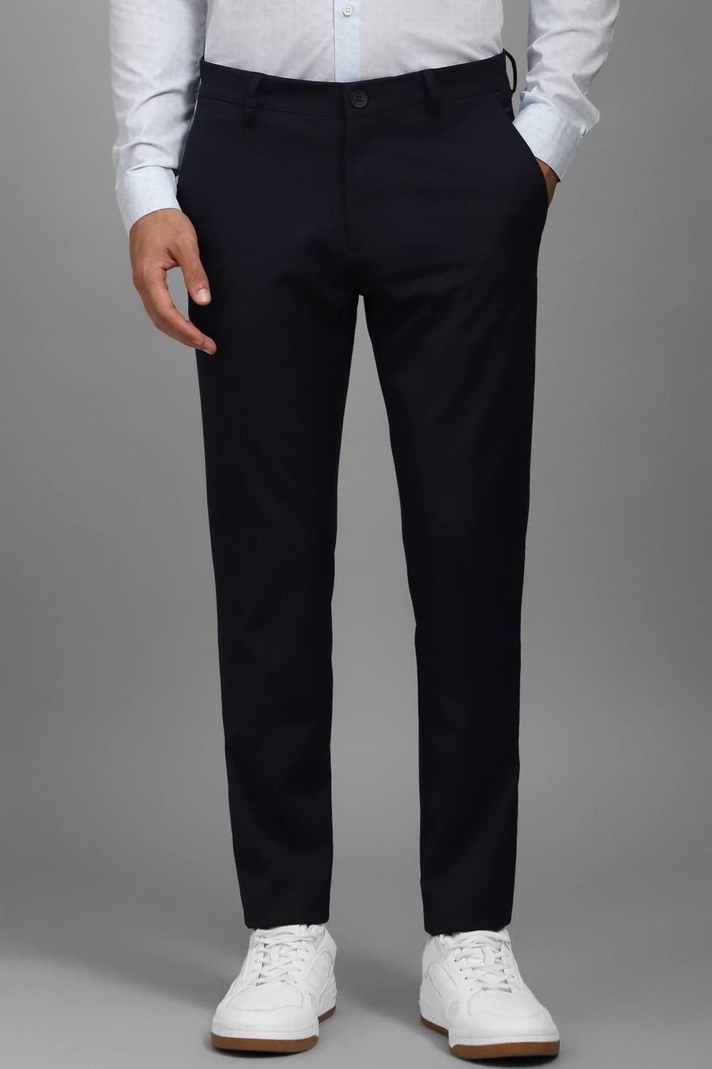 Men Navy Slim Fit Solid Flat Front Casual Trousers | Louisphilippe