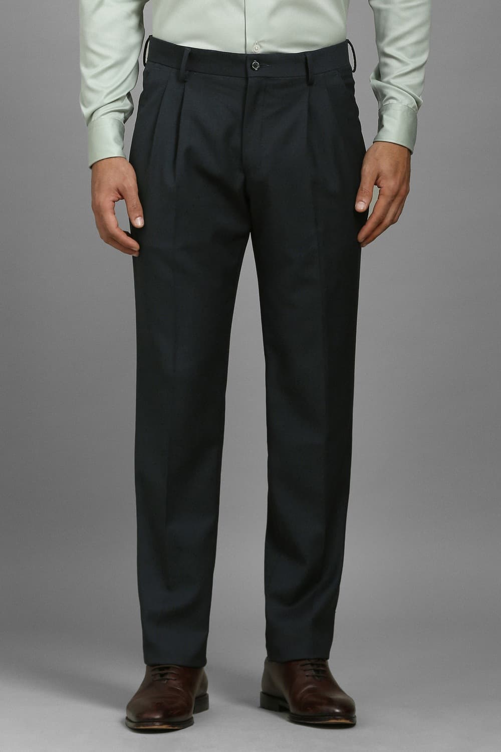 Men Navy Regular Fit Textured Pleated Formal Trousers | Louisphilippe Men Navy Regular Fit Textured Pleated Formal Trousers | Louisphilippe