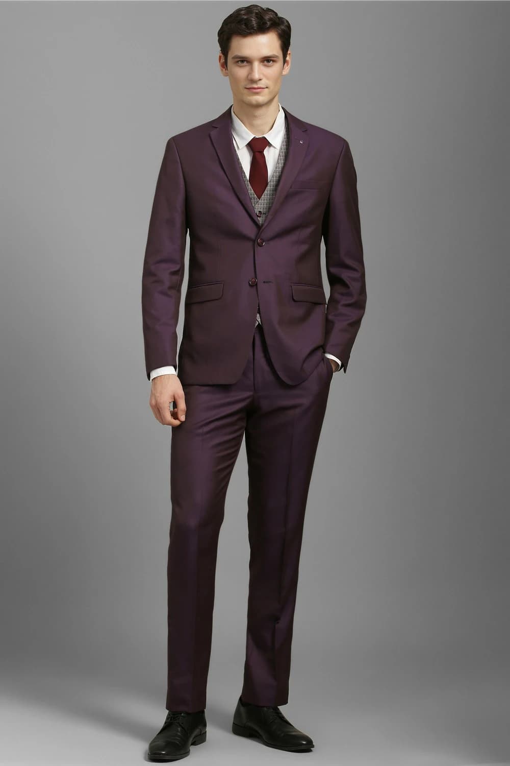 Men Purple Slim Fit Textured Formal Three Piece Suit | Louisphilippe