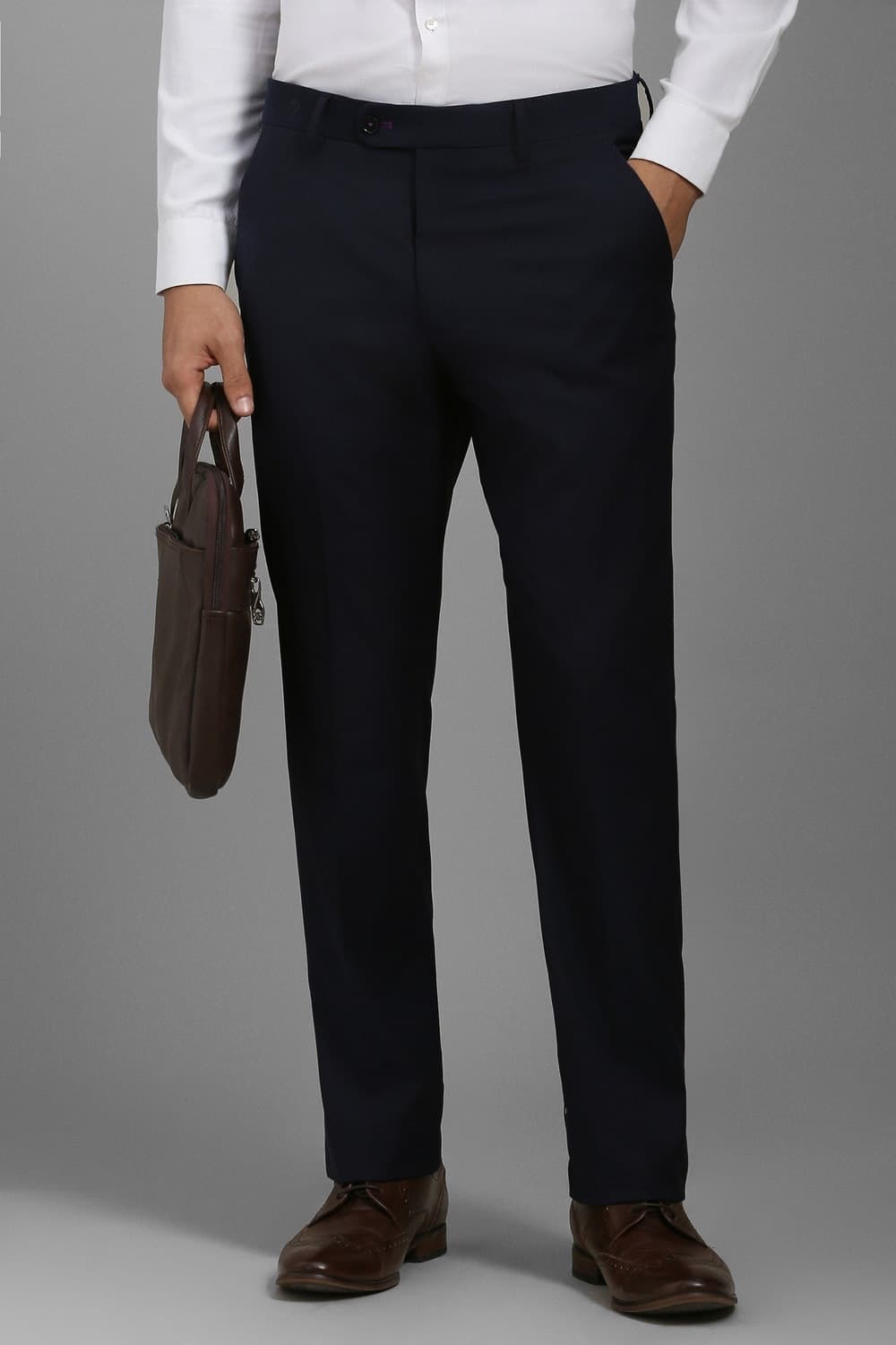 Men Navy Slim Fit Solid Flat Front Formal Trousers | Louisphilippe Men Navy Slim Fit Solid Flat Front Formal Trousers | Louisphilippe