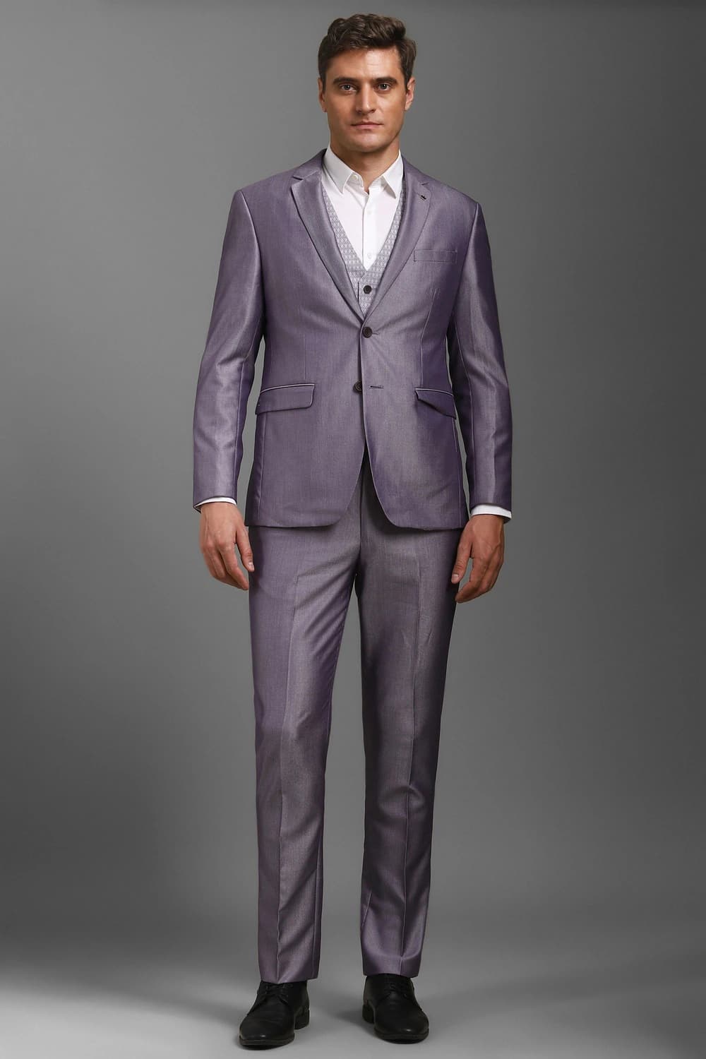 Men Grey Slim Fit Textured Formal Three Piece Suit | Louisphilippe