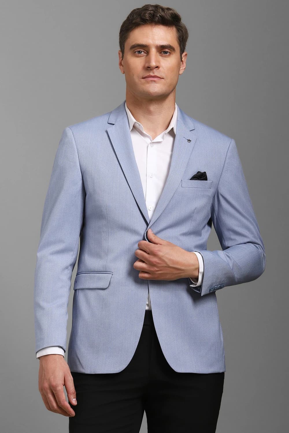 Men Light Blue Slim Fit Textured Formal Blazer | Louisphilippe Men Light Blue Slim Fit Textured Formal Blazer | Louisphilippe