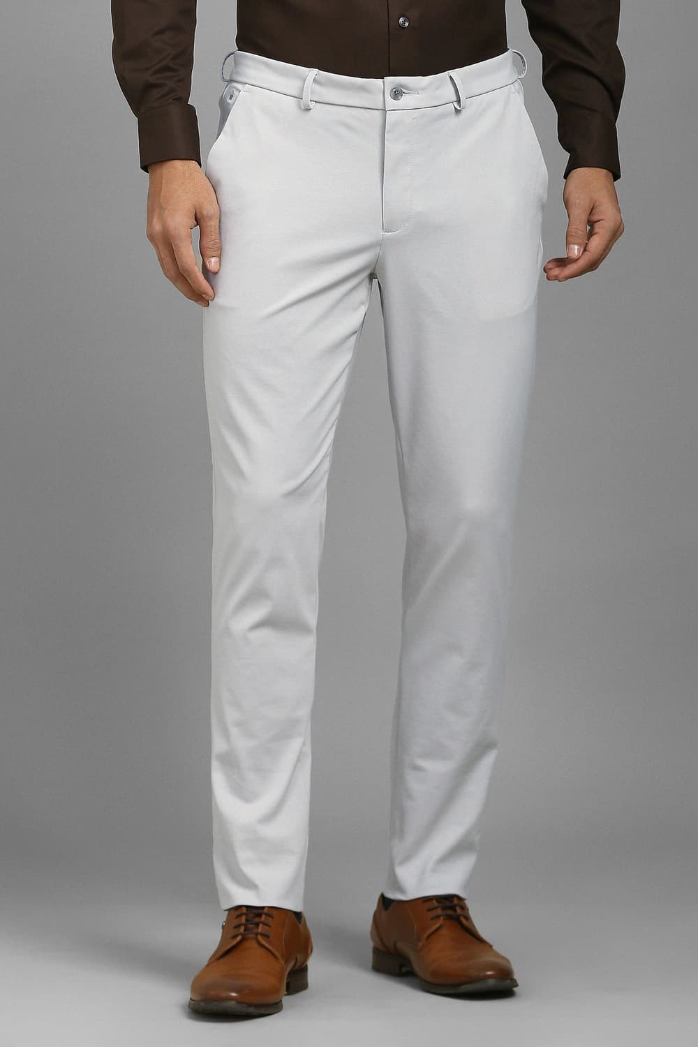 Men Grey Slim Tapered Fit Solid Flat Front Formal Trousers | Louisphilippe Men Grey Slim Tapered Fit Solid Flat Front Formal Trousers | Louisphilippe
