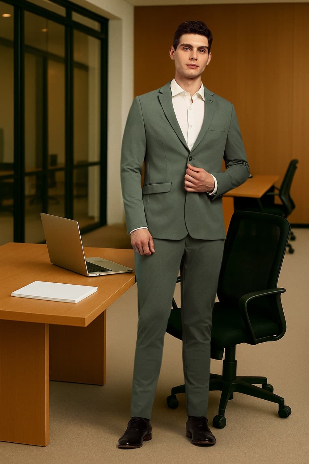 Men Green Solid Casual Two Piece Suit | Louisphilippe