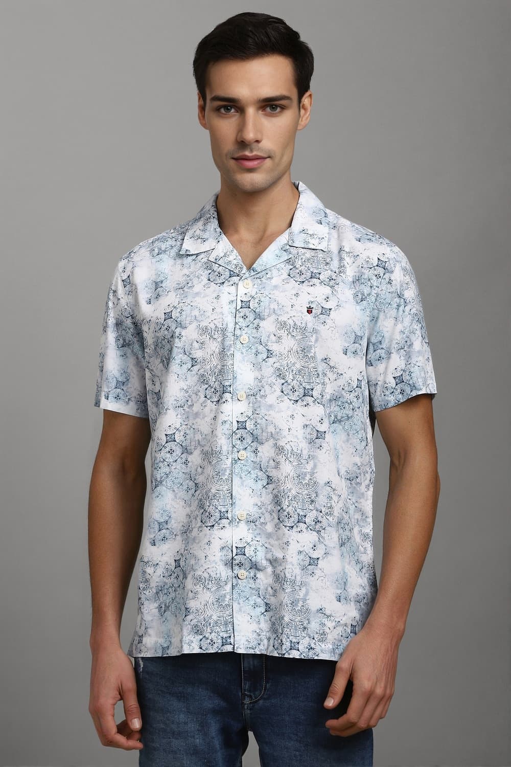 Men White Print Half Sleeves Casual Shirt | Louisphilippe