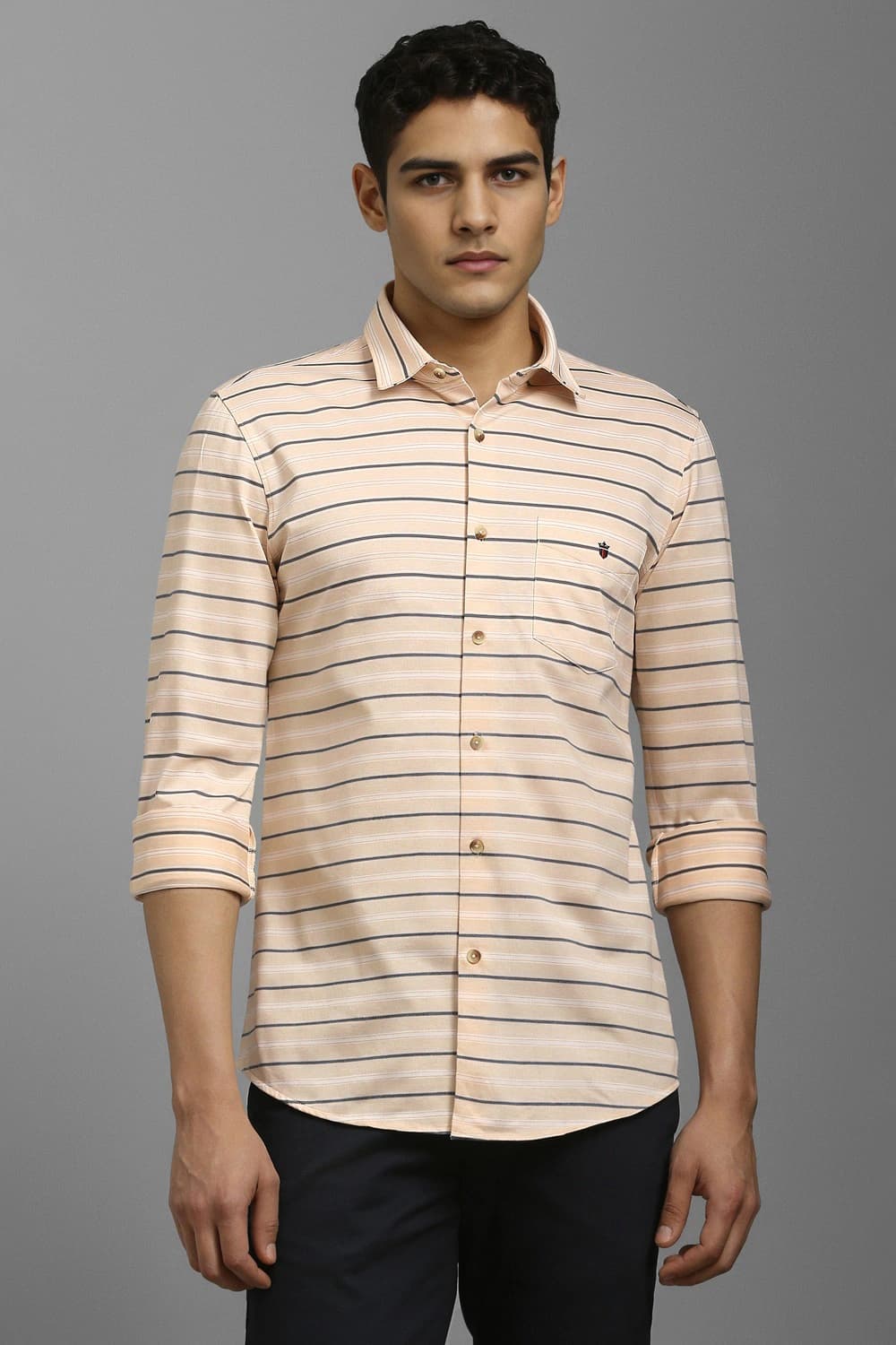 Men Beige Stripe Full Sleeves Casual Shirt | Louisphilippe