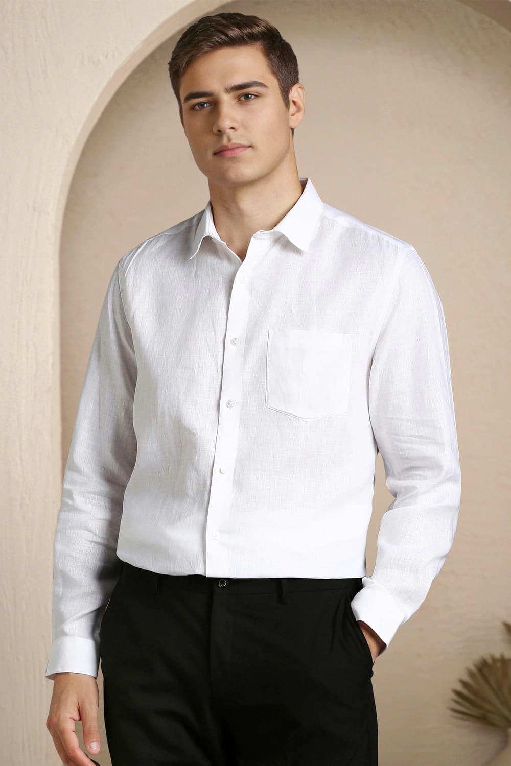 Men 100% Linen White Classic Fit Textured Formal Shirt | Louisphilippe