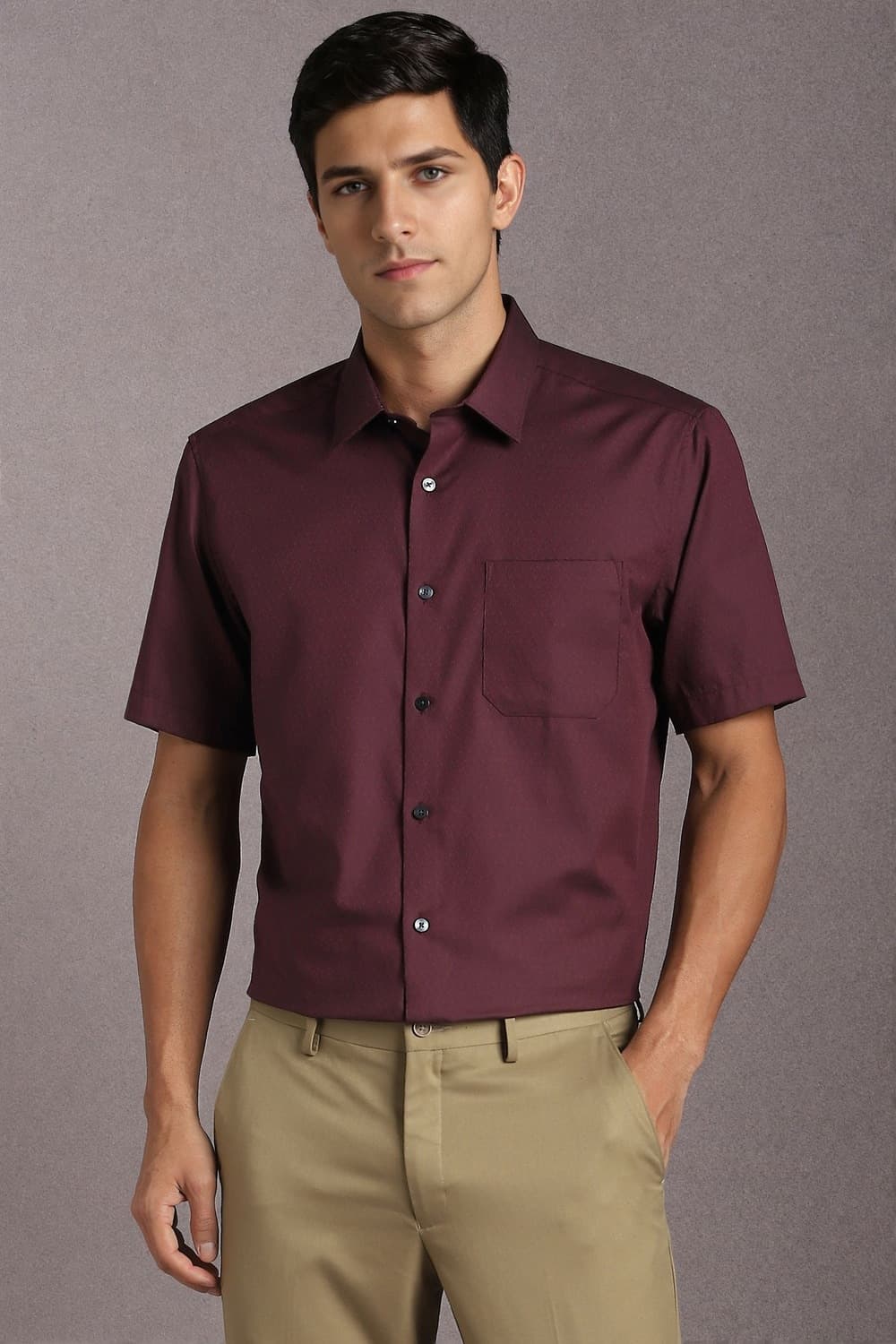 Men Maroon Classic Fit Textured Half Sleeves Formal Shirt | Louisphilippe Men Maroon Classic Fit Textured Half Sleeves Formal Shirt | Louisphilippe