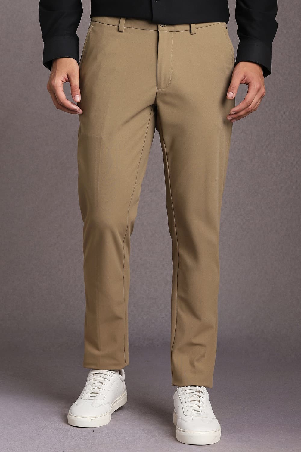 Men Khaki Slim Fit Solid Flat Front Casual Trousers | Louisphilippe