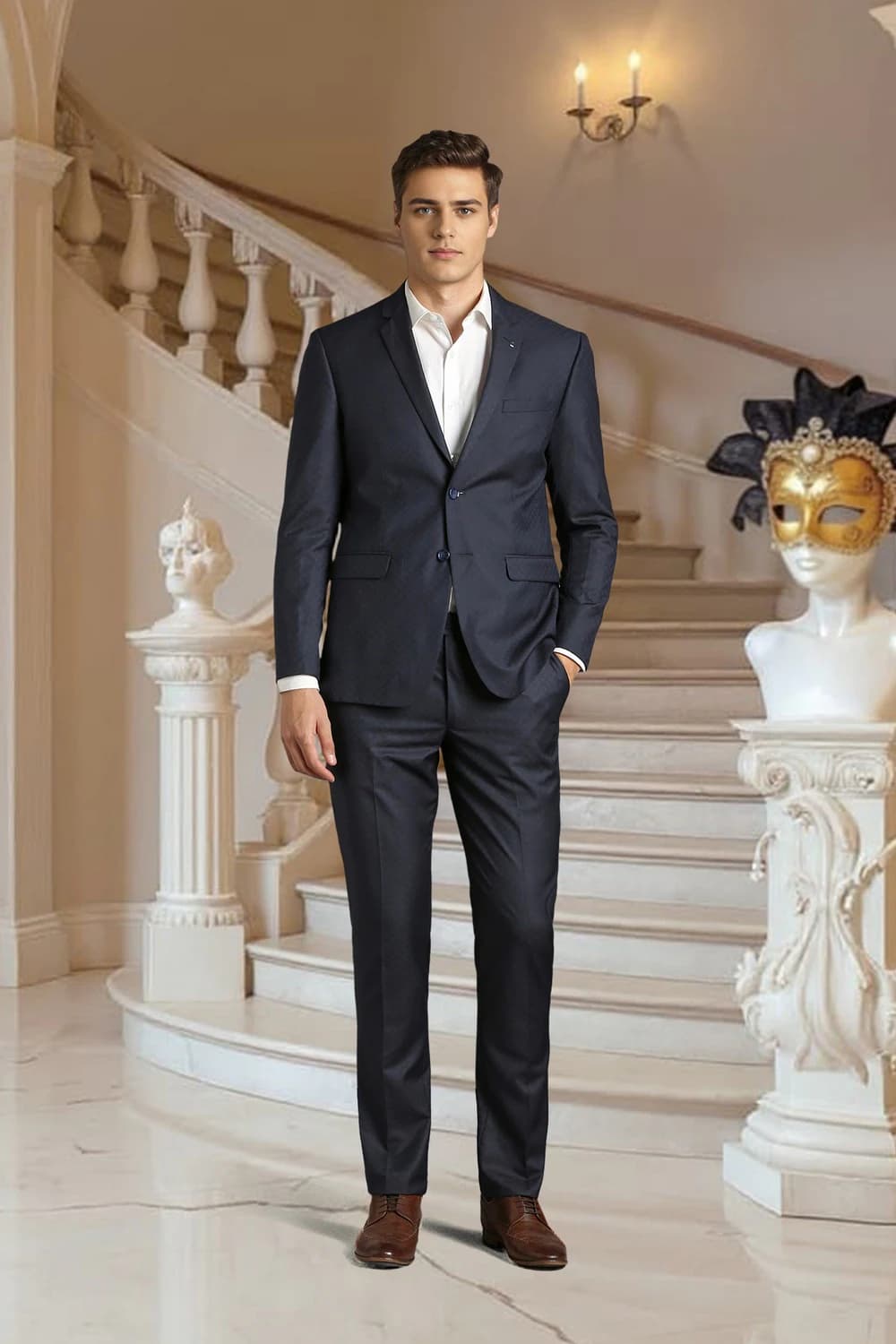 Men Navy Textured Formal Two Piece Suit | Louisphilippe