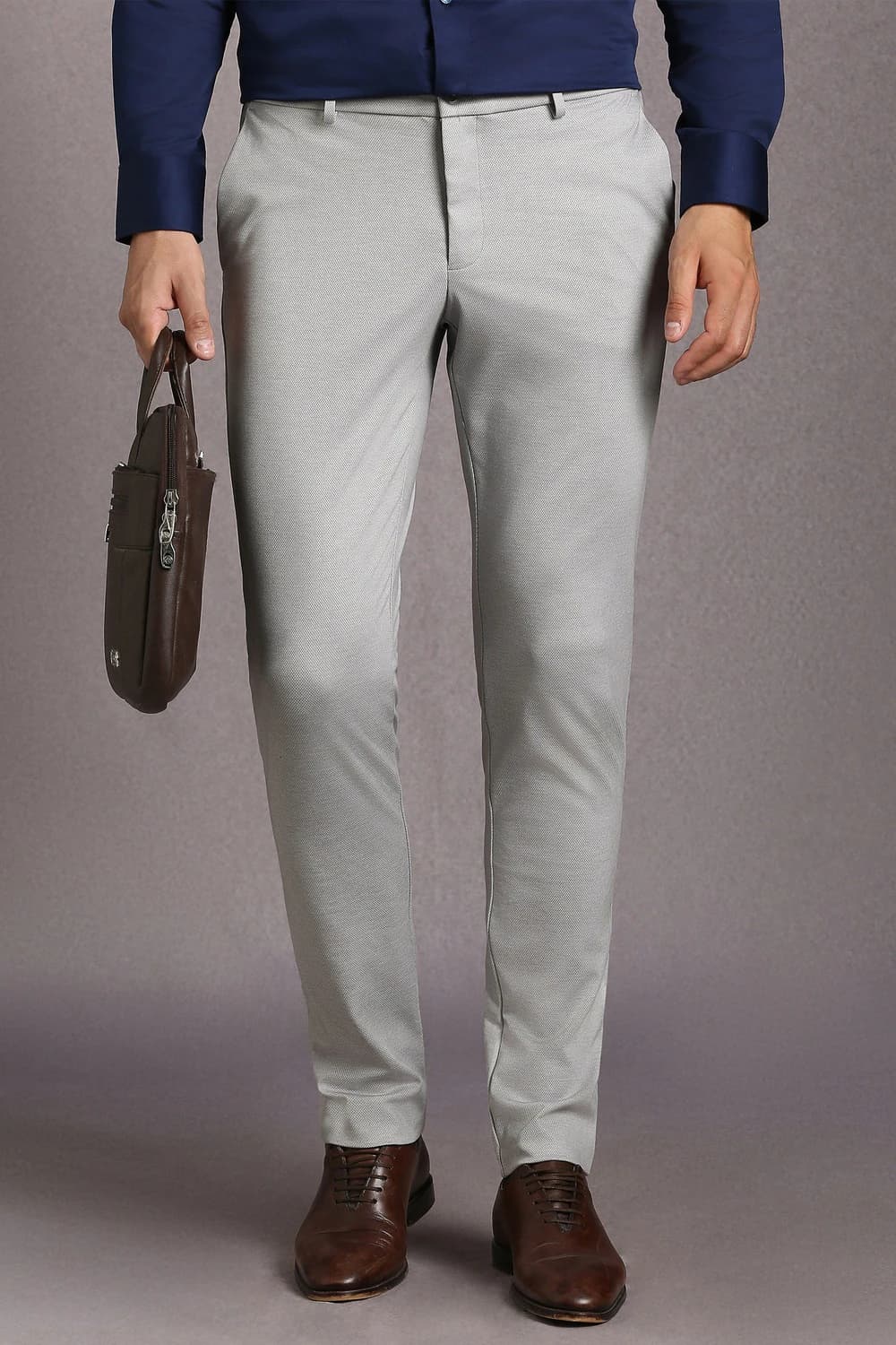 Men Grey Slim Tapered Fit Textured Flat Front Formal Trousers | Louisphilippe Men Grey Slim Tapered Fit Textured Flat Front Formal Trousers | Louisphilippe