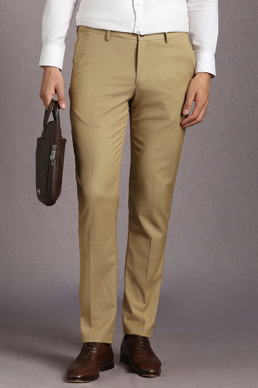 Men Khaki Slim Fit Textured Flat Front Formal Trousers | Louisphilippe Men Khaki Slim Fit Textured Flat Front Formal Trousers | Louisphilippe