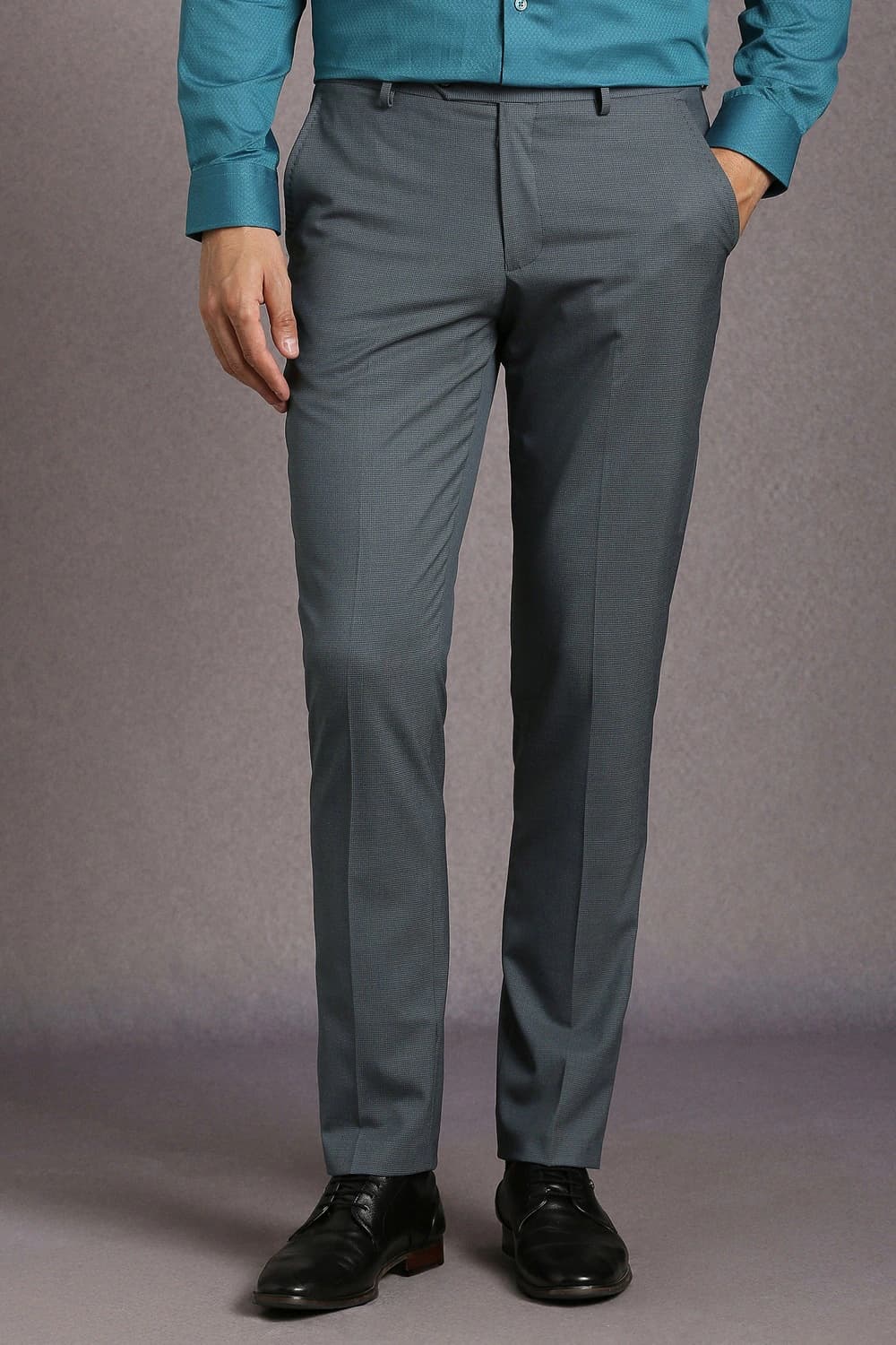 Men Grey Slim Fit Textured Flat Front Formal Trousers | Louisphilippe Men Grey Slim Fit Textured Flat Front Formal Trousers | Louisphilippe