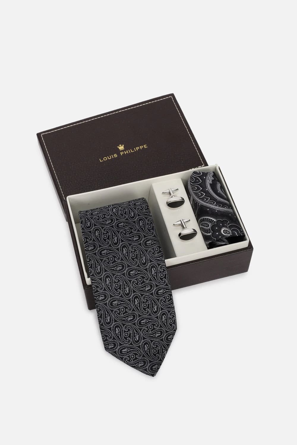 Men Black Embroidered Tie Pocket Square And Cufflink | Louisphilippe