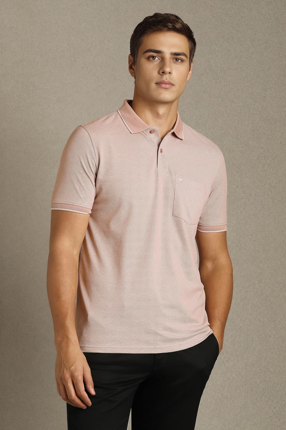 Men Pink Solid Polo Neck T-shirt | Louisphilippe Men Pink Solid Polo Neck T-shirt | Louisphilippe