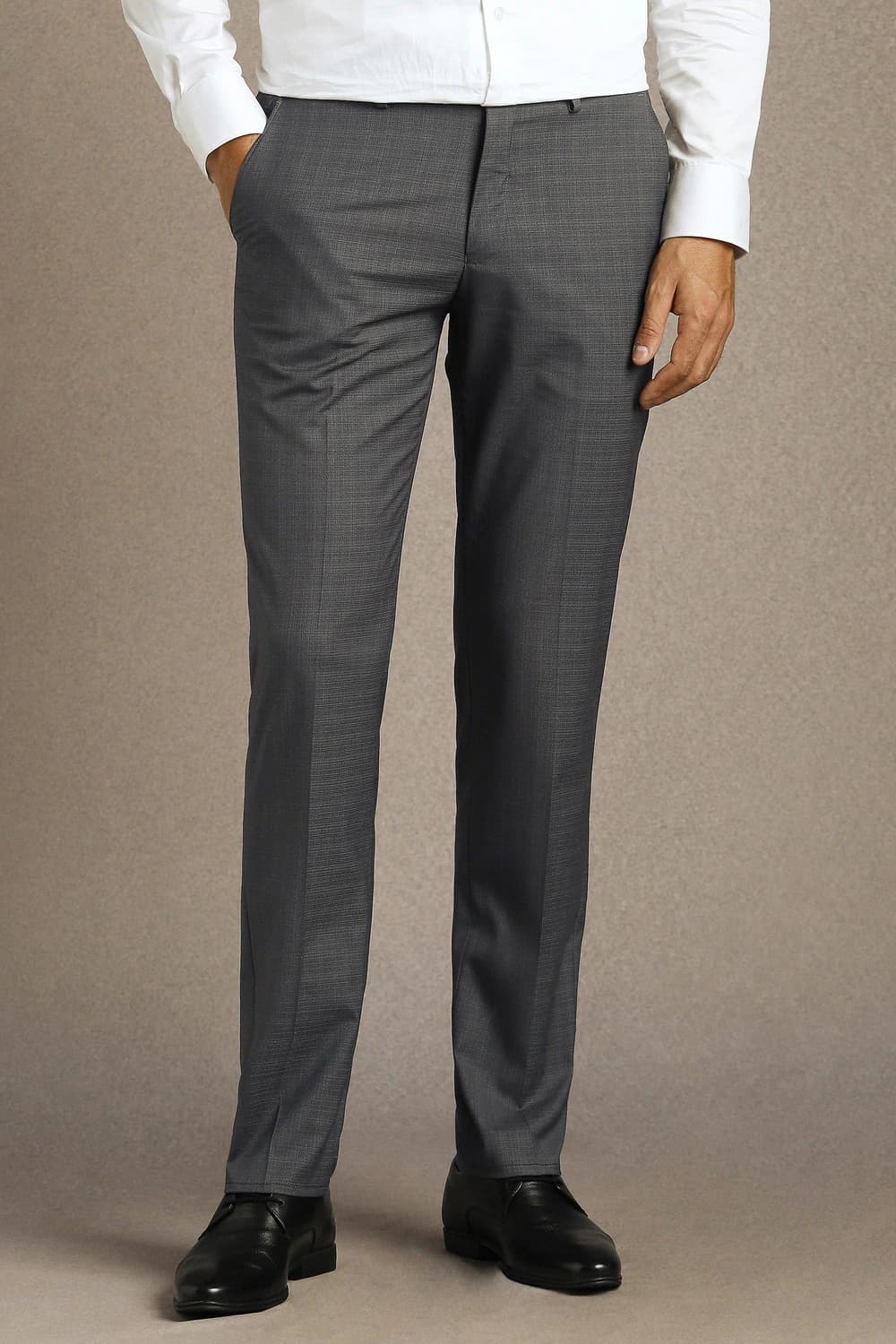 Men Grey Regular Fit Textured Flat Front Formal Trousers | Louisphilippe