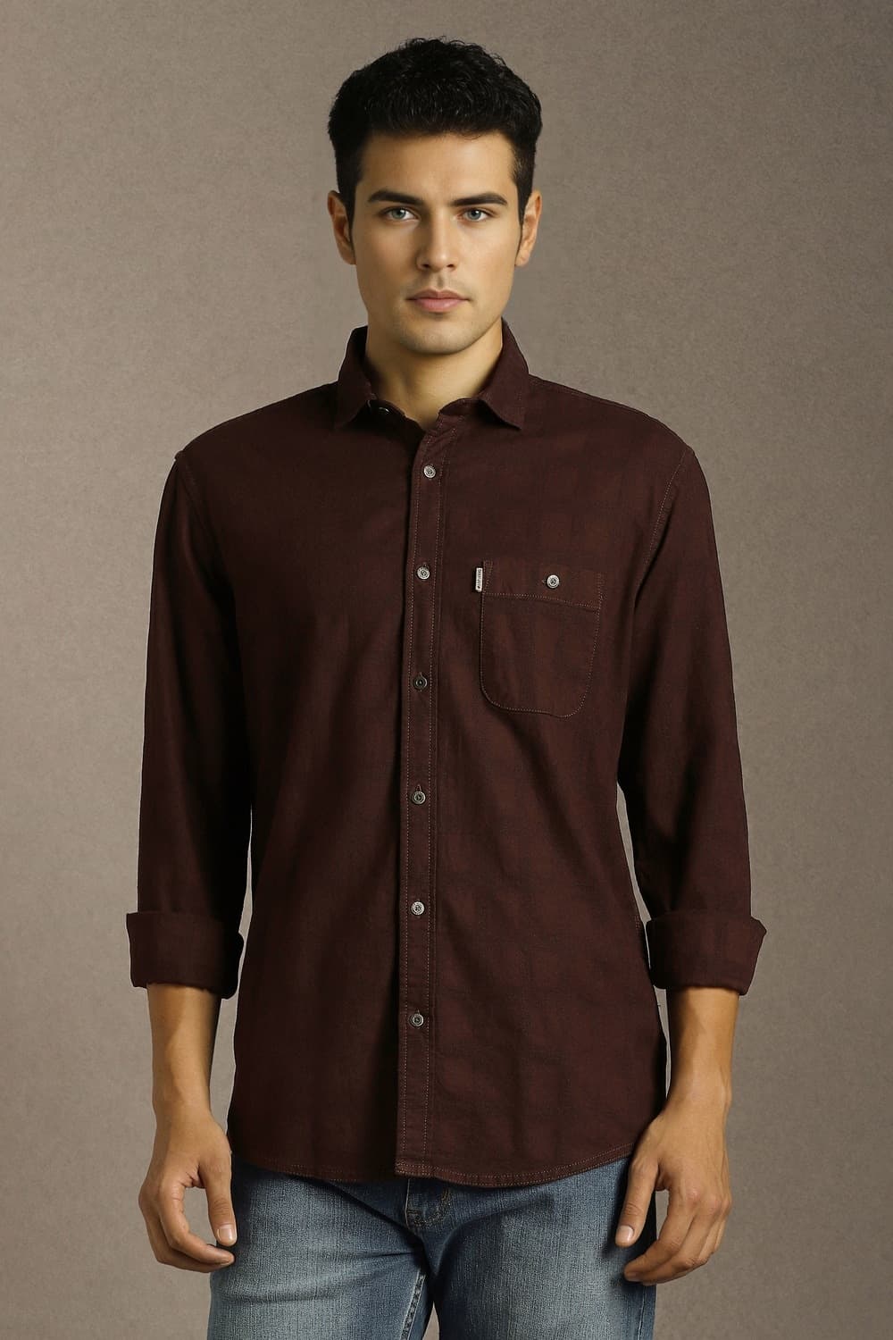 Men Brown Textured Full Sleeves Casual Shirt | Louisphilippe