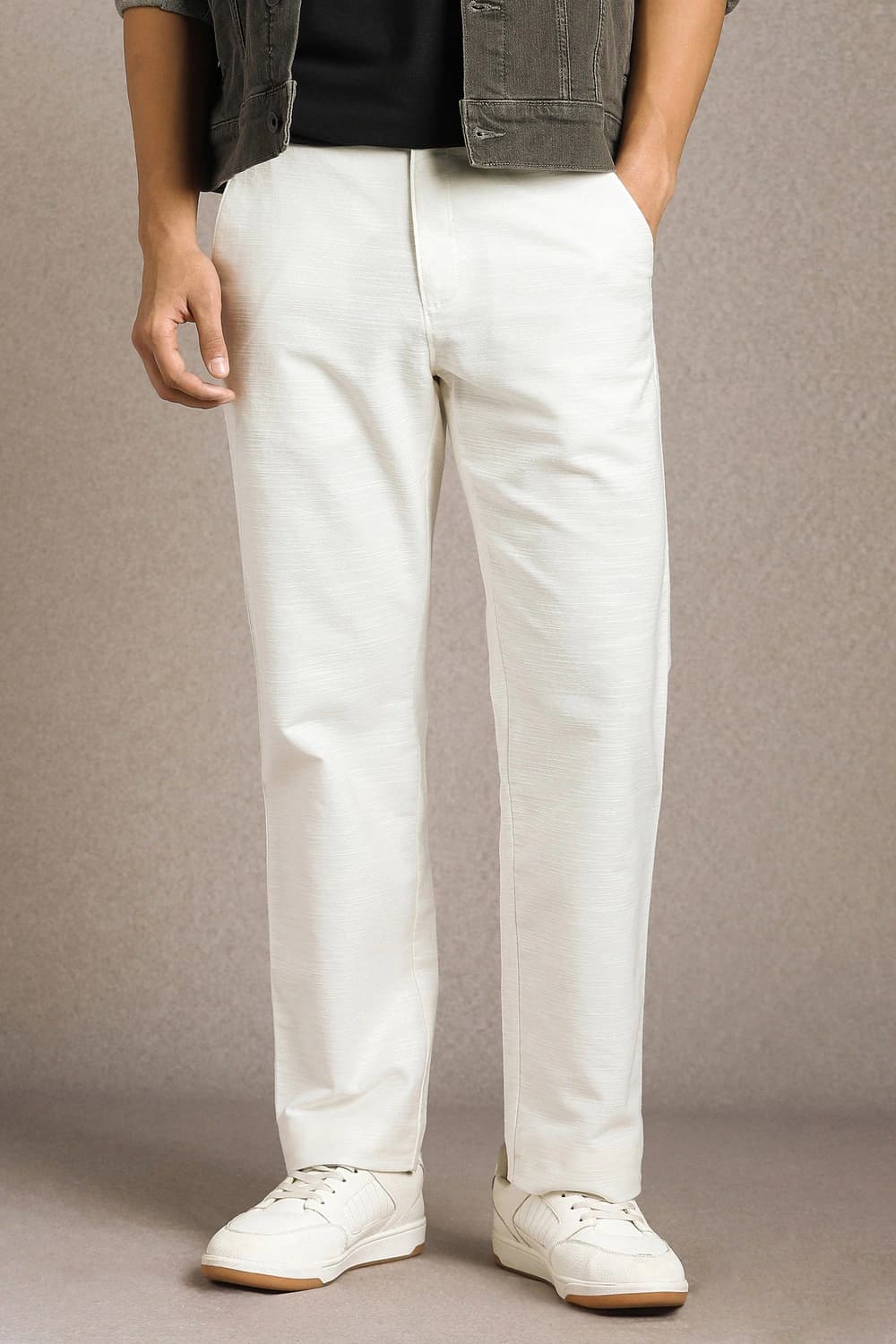Men White Regular Fit Textured Flat Front Casual Trousers | Louisphilippe