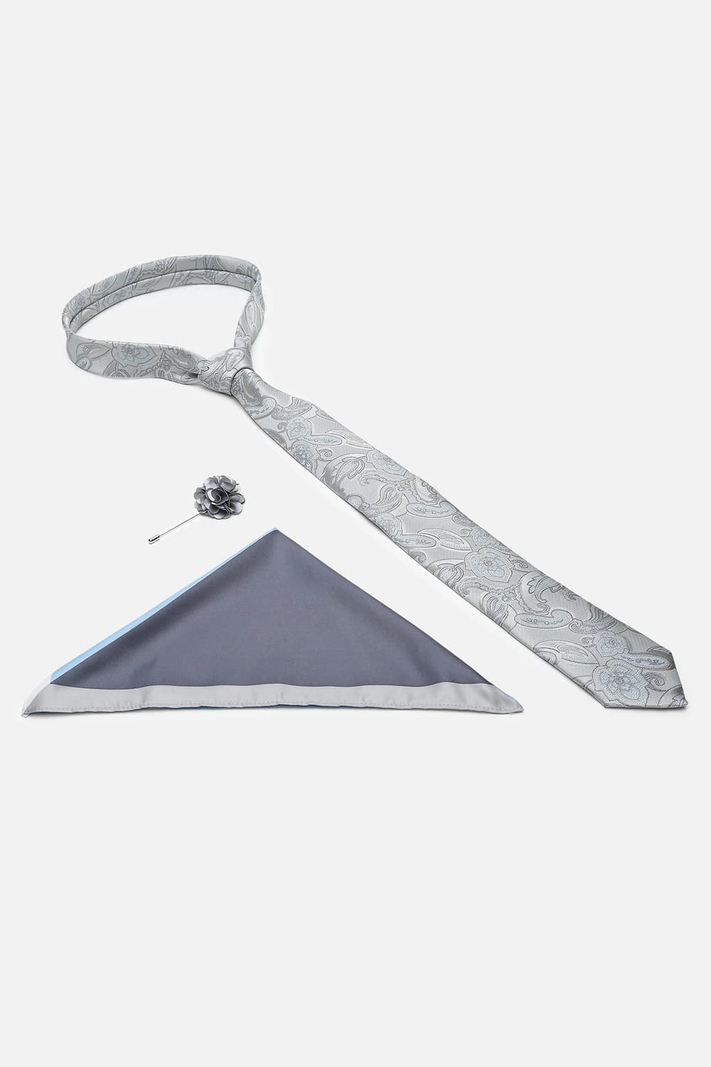 Men Grey Embroidered Tie Pocket Square And Lapel Pin | Louisphilippe