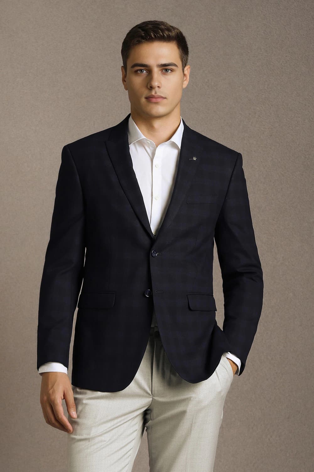 Men Navy Slim Fit Check Casual Blazer | Louisphilippe