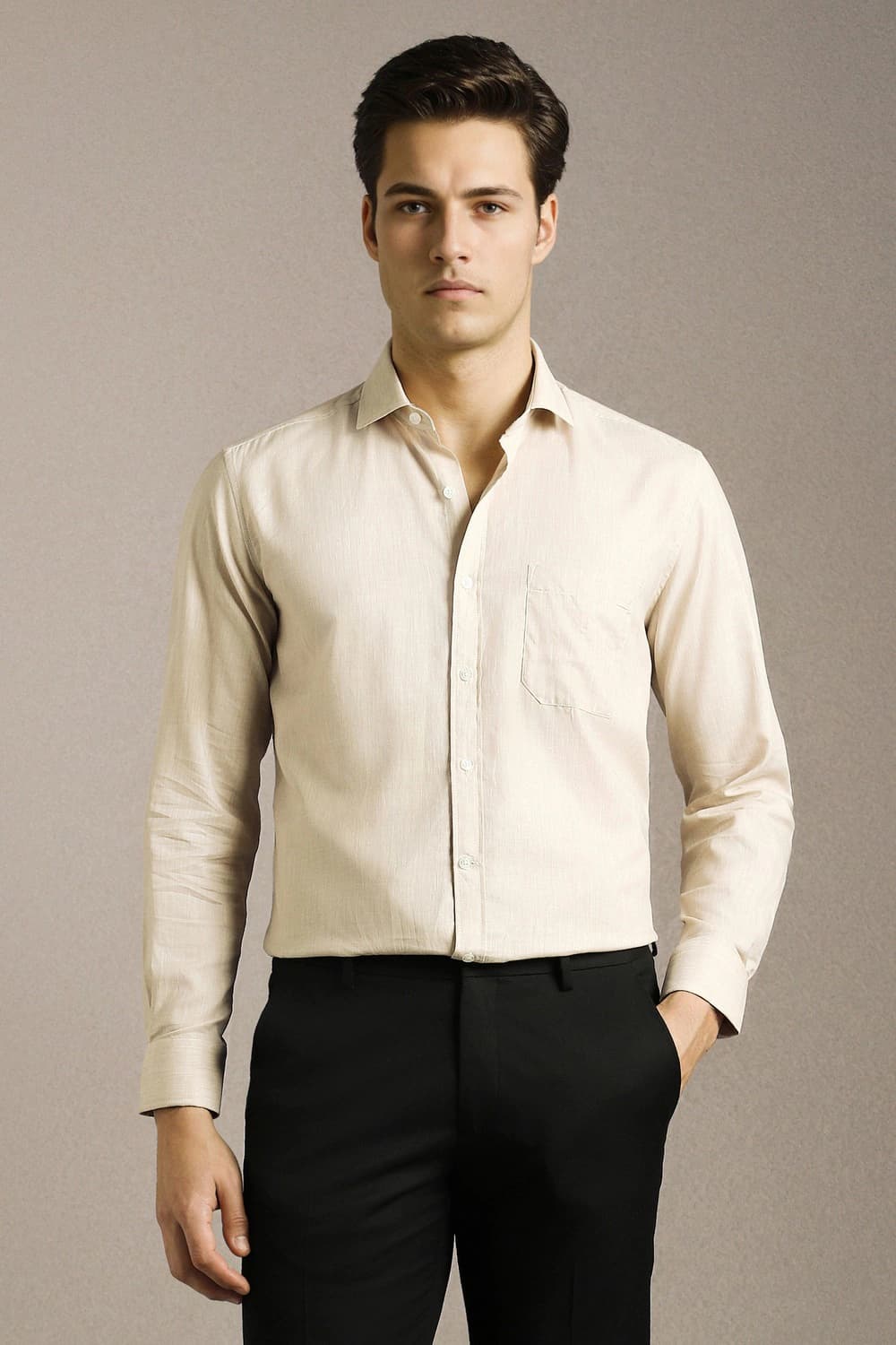 Men Beige Classic Fit Textured Full Sleeves Formal Shirt | Louisphilippe