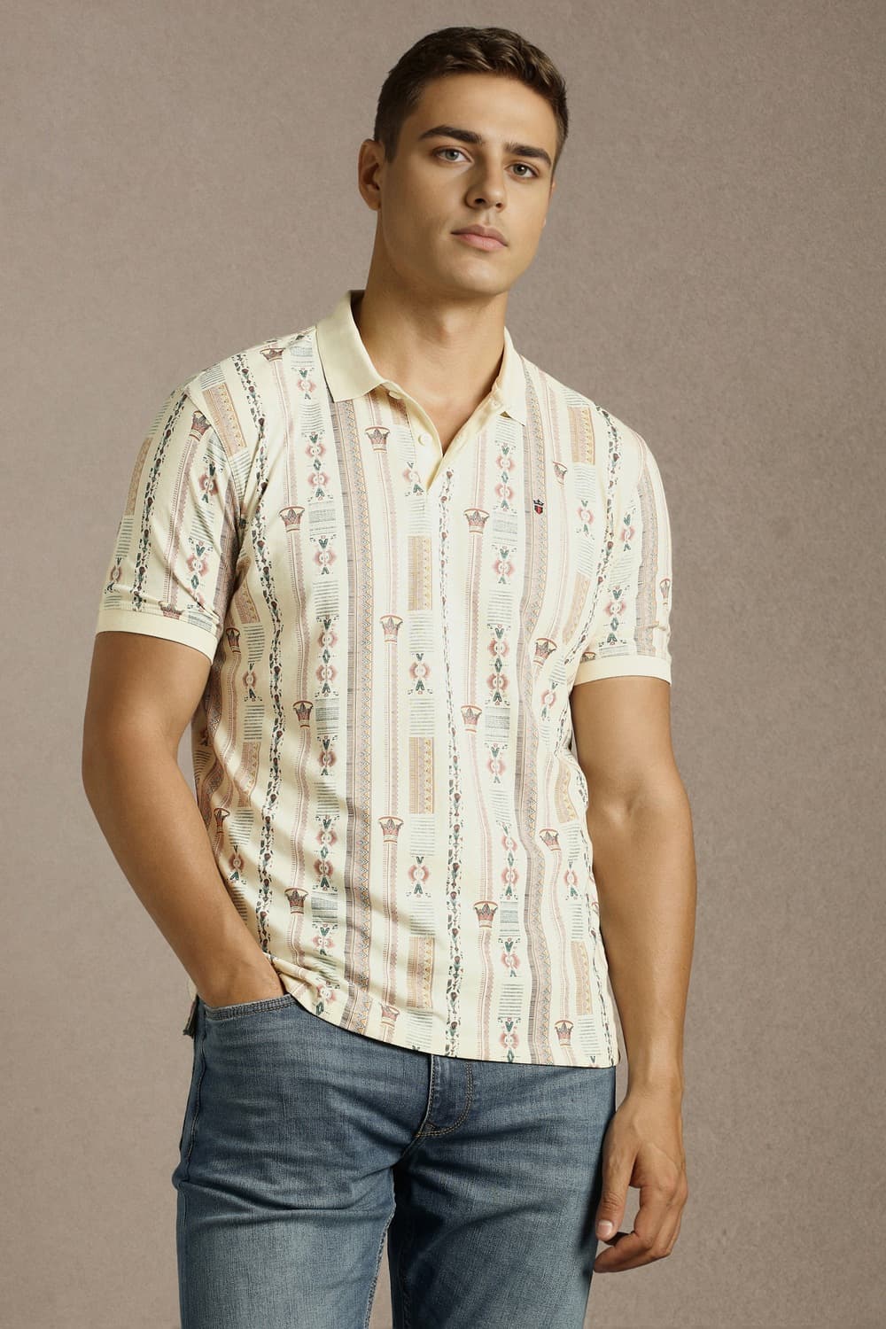 Men Beige Print Polo Neck T-shirt | Louisphilippe