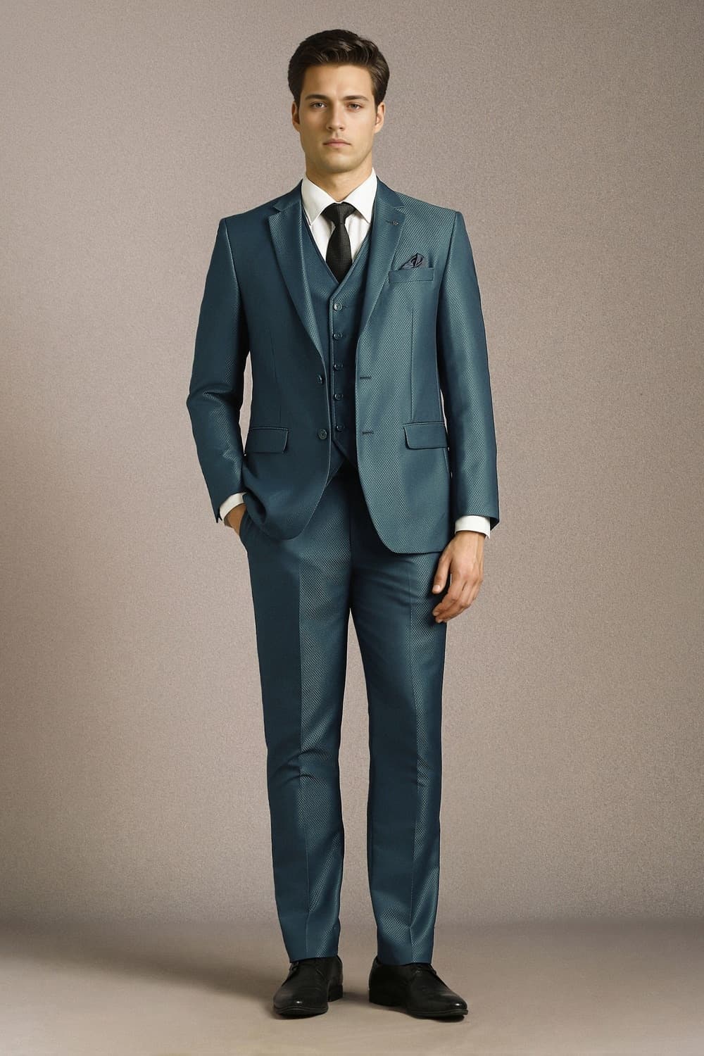 Men Blue Textured Formal Three Piece Suit | Louisphilippe