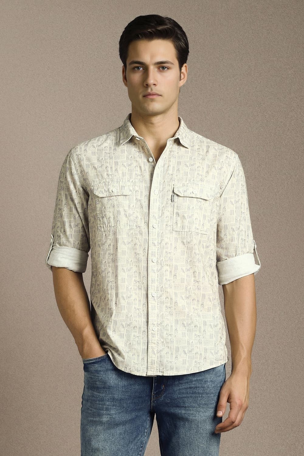 Men Beige Print Full Sleeves Casual Shirt | Louisphilippe
