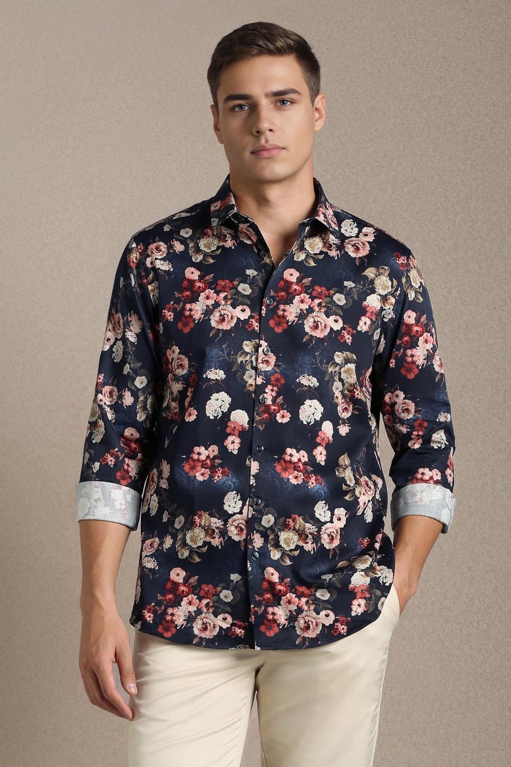 Men Navy Print Full Sleeves Casual Shirt | Louisphilippe