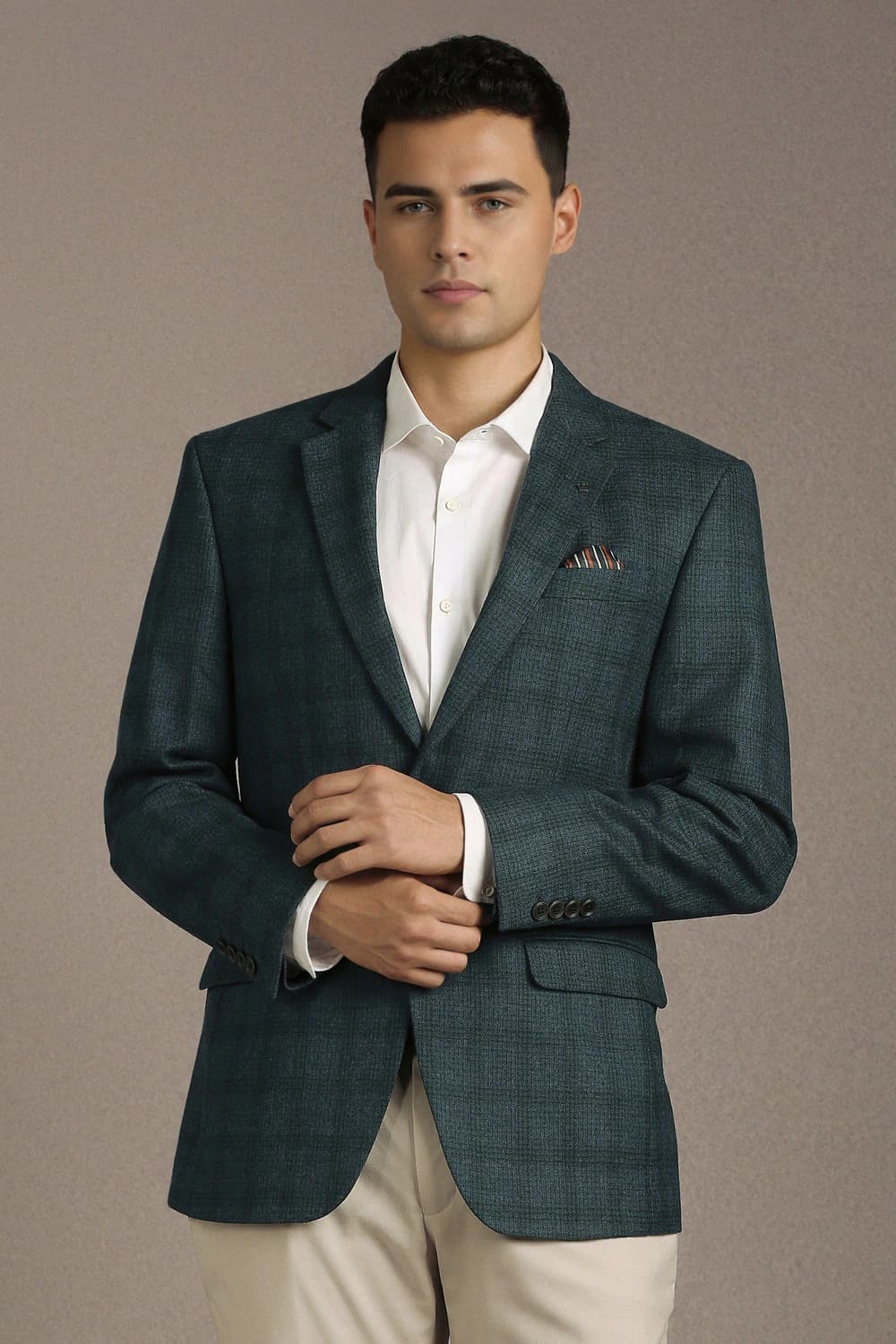 Men Green Regular Fit Check Casual Blazer | Louisphilippe
