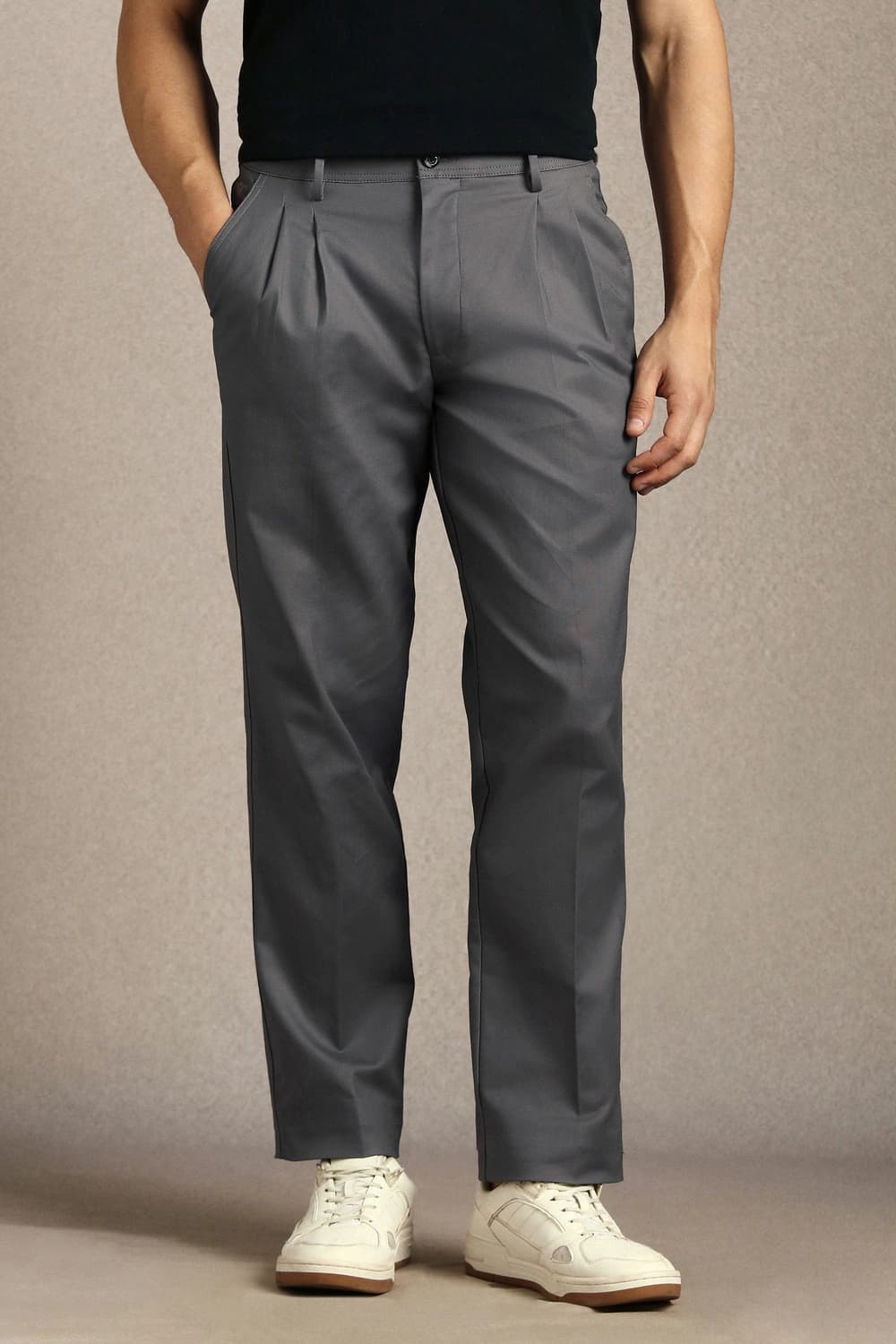 Men Grey Classic Fit Solid Pleated Formal Trousers | Louisphilippe