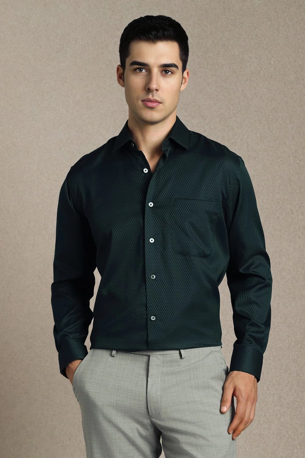 Men Green Classic Fit Textured Full Sleeves Formal Shirt | Louisphilippe