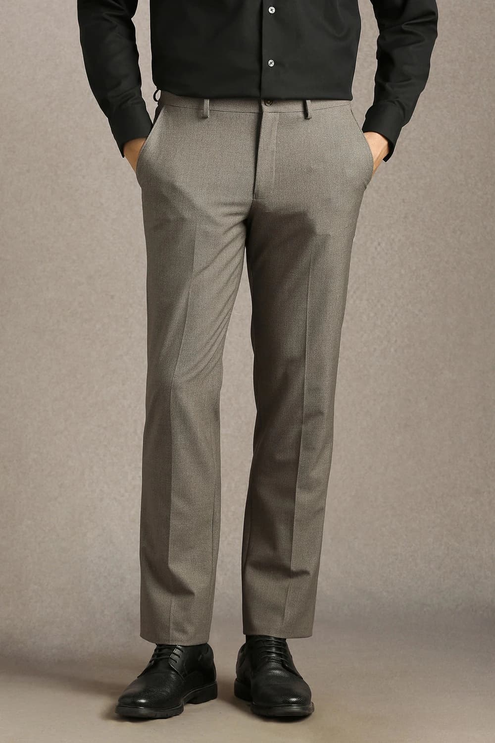 Men Grey Regular Fit Textured Flat Front Formal Trousers | Louisphilippe