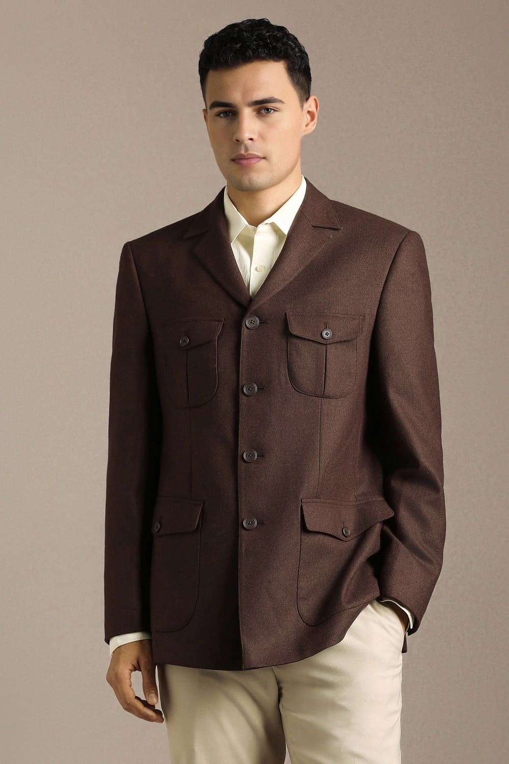 Men Brown Regular Fit Textured Casual Blazer | Louisphilippe