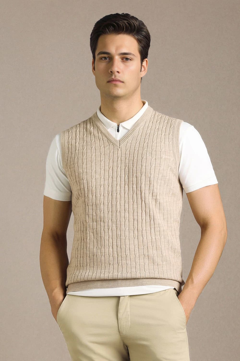 Men Beige Textured V Neck Sleeveless Sweater | Louisphilippe