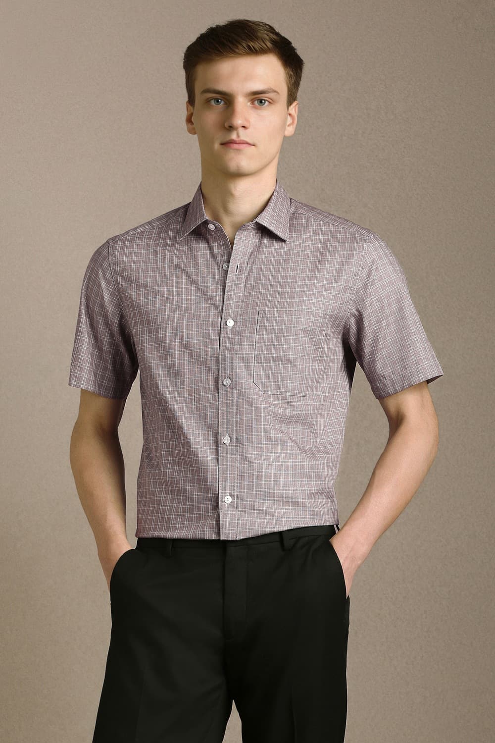 Men Mauve Classic Fit Check Half Sleeves Formal Shirt | Louisphilippe