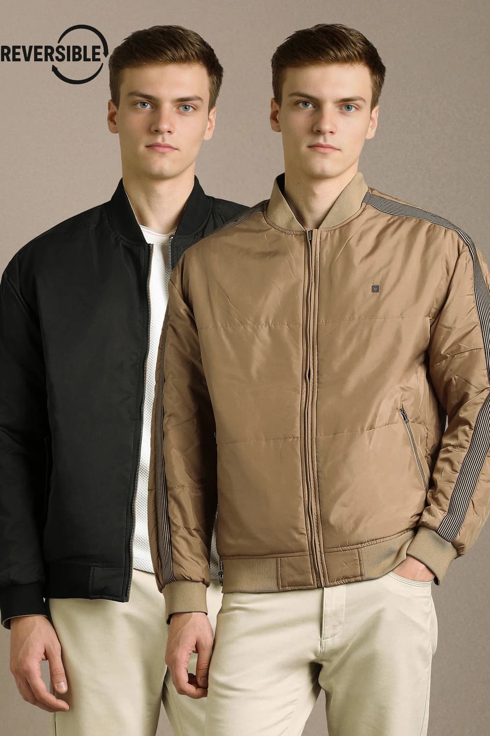 Men Casual Beige Solid Reversible Jacket | Louisphilippe