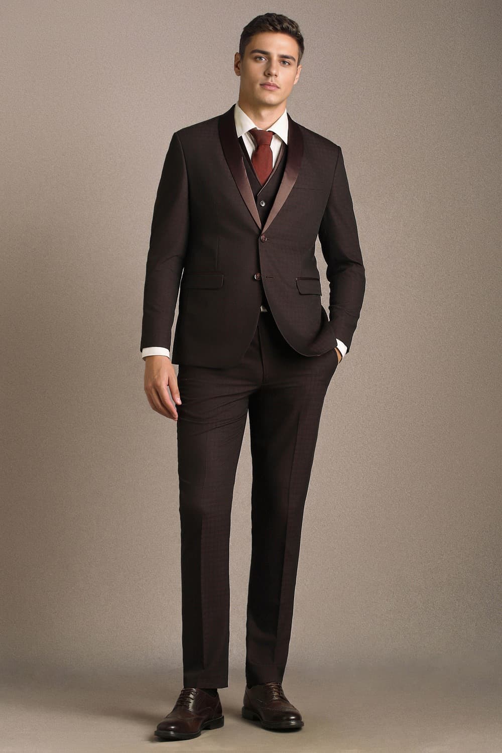 Men Brown Textured Formal Three Piece Suit | Louisphilippe
