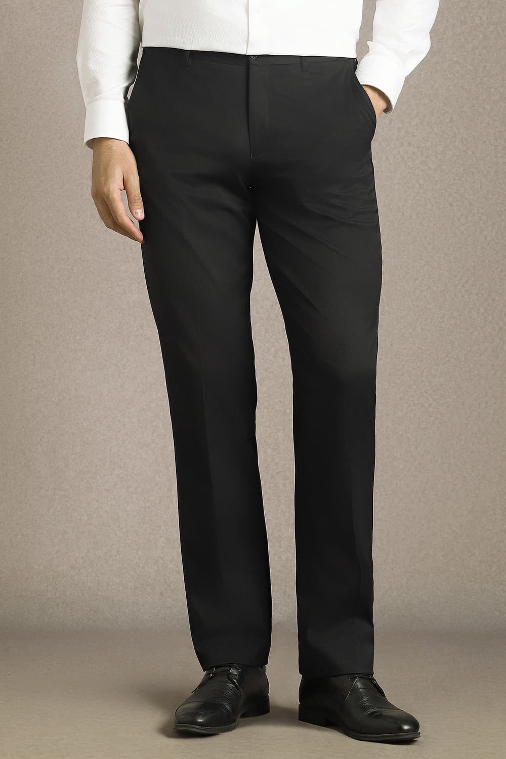 Men Black Regular Fit Solid Flat Front Formal Trousers | Louisphilippe