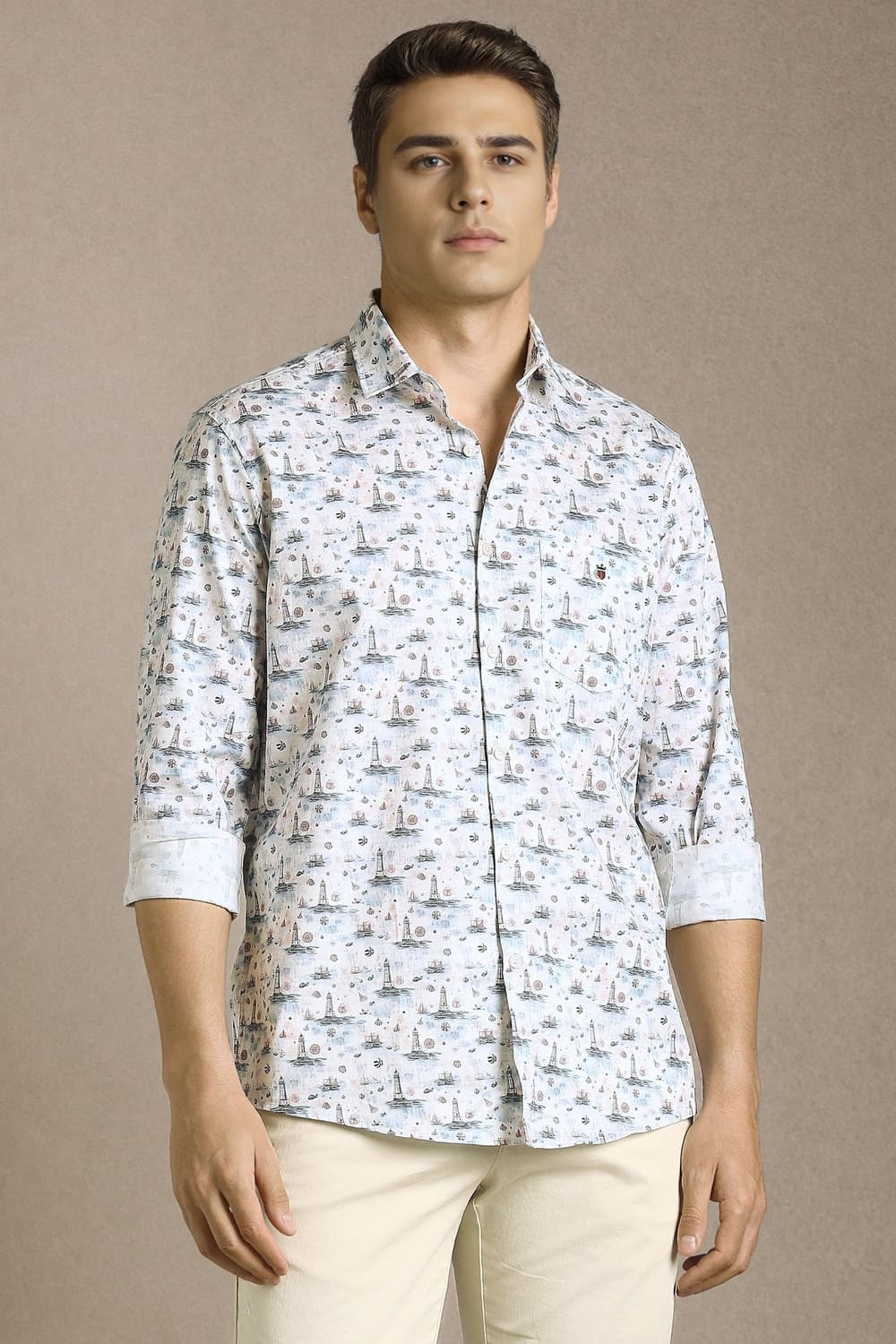 Men White Print Full Sleeves Casual Shirt | Louisphilippe