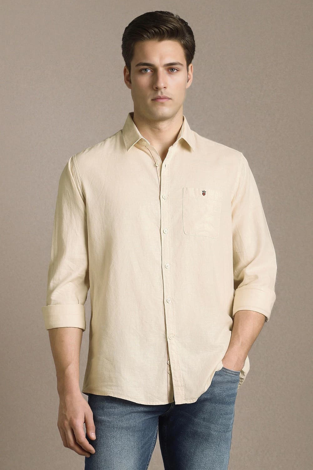 Men Beige Textured Full Sleeves Casual Shirt | Louisphilippe Men Beige Textured Full Sleeves Casual Shirt | Louisphilippe