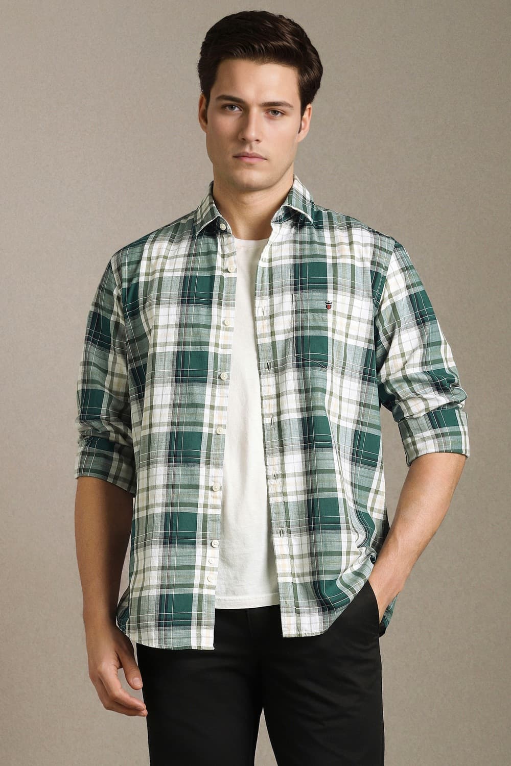 Men Green Check Full Sleeves Casual Shirt | Louisphilippe