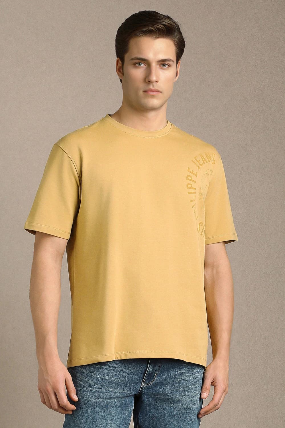 Men Beige Graphic Print Crew Neck T-shirt | Louisphilippe