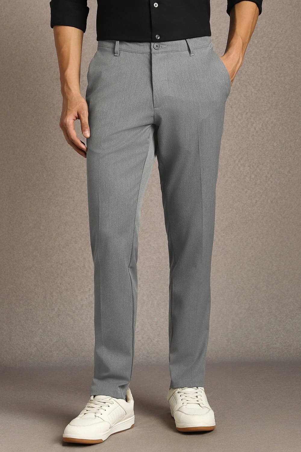 Men Grey Comfy Tappered Fit Textured Flat Front Casual Trousers | Louisphilippe
