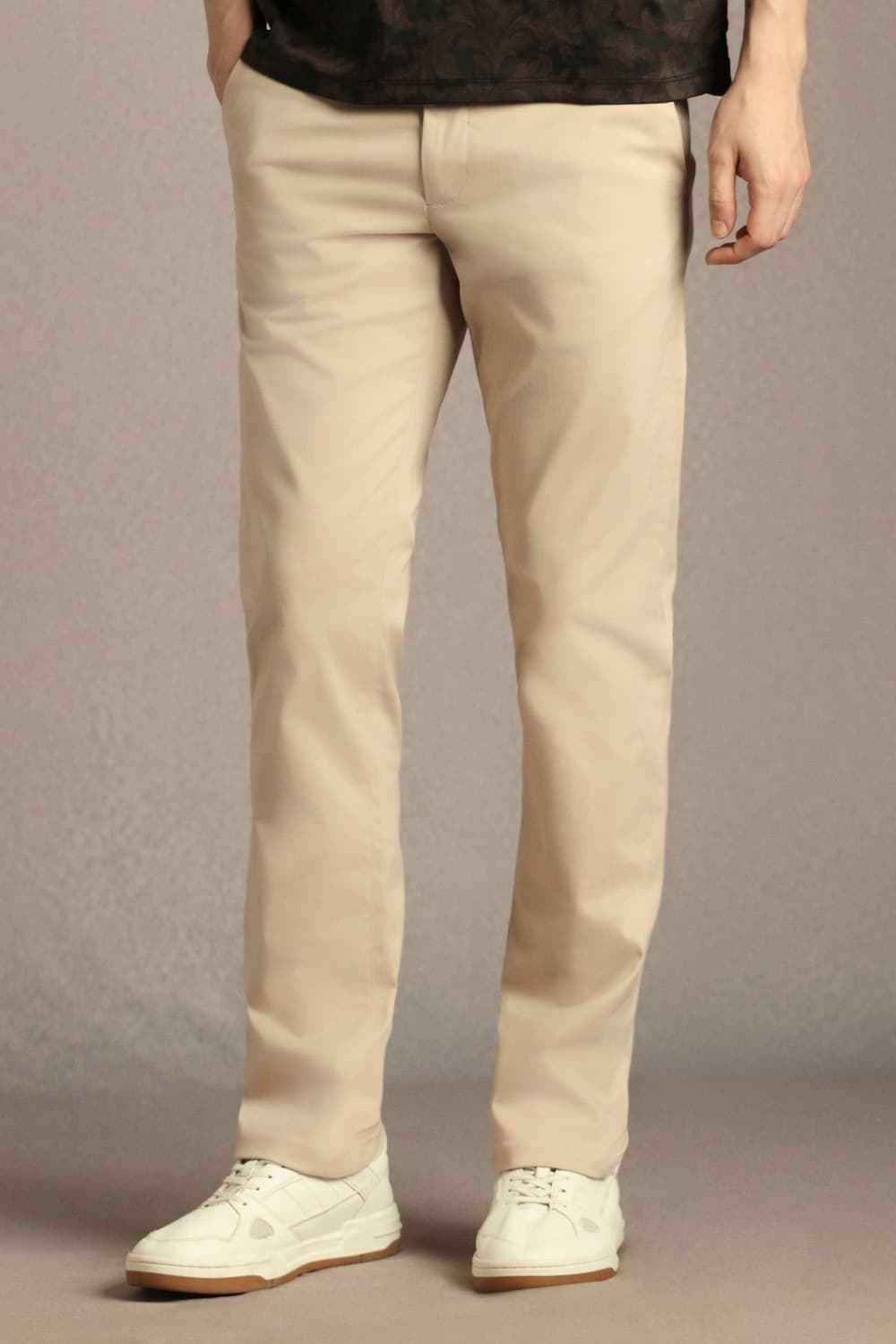 Men Beige Slim Fit Solid Flat Front Casual Trousers | Louisphilippe