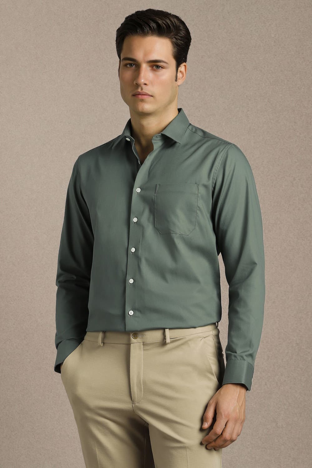 Men Green Slim Fit Solid Full Sleeves Formal Shirt | Louisphilippe